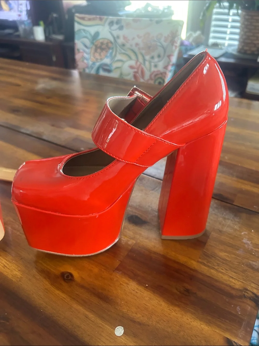 EGO Red Patent Platform Mary Jane Heels with Gold Buckle uk size 5